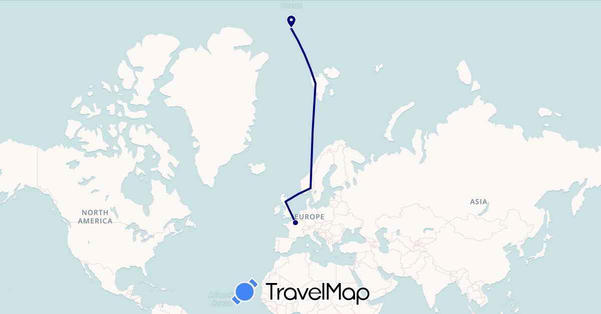TravelMap itinerary: driving in France, United Kingdom, Norway, Svalbard and Jan Mayen (Europe)